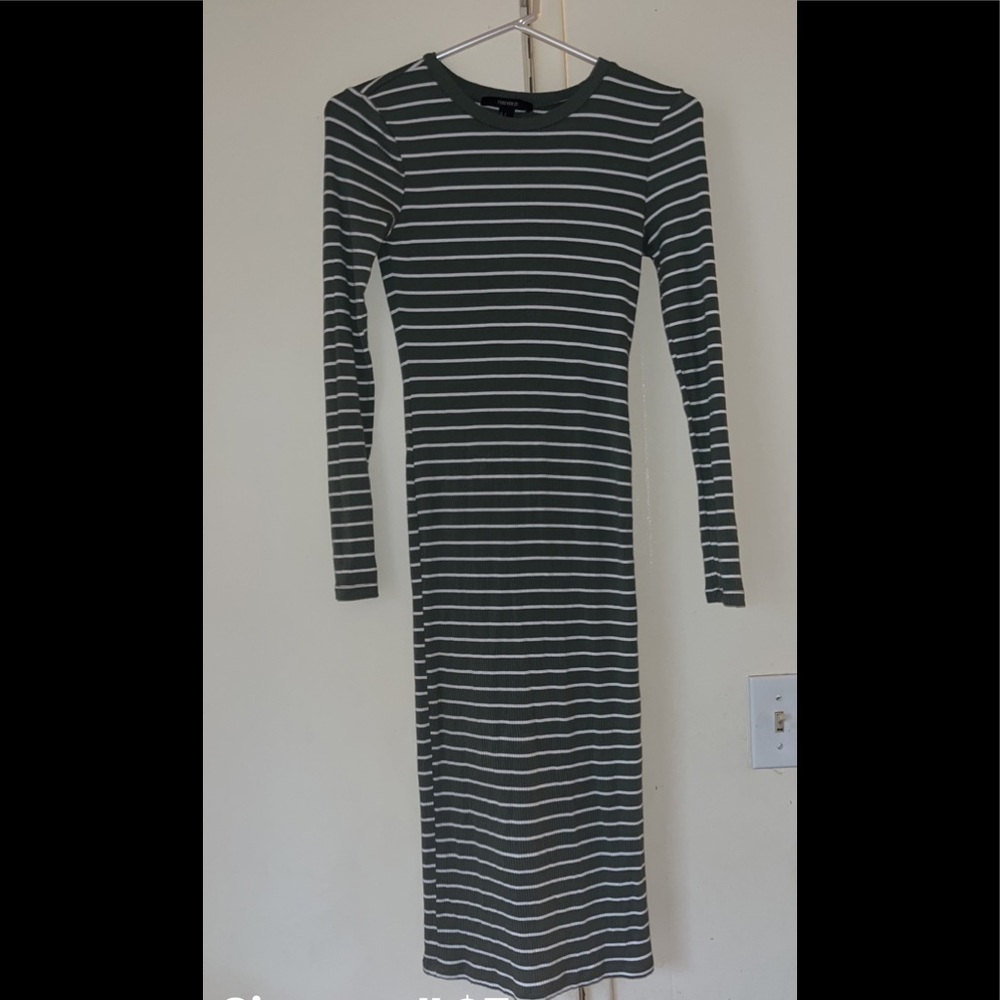 Sage Green and White Striped Long Sleeve Dress
